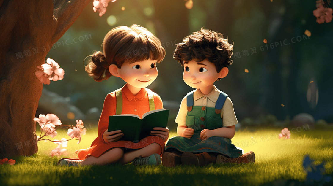 春天阳光下坐在草地上看书的小孩插画