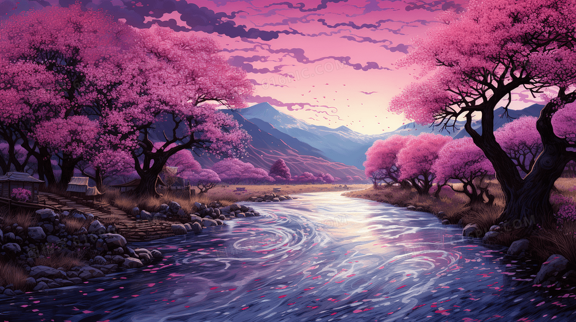 春季河边粉色花树风景肌理感插画
