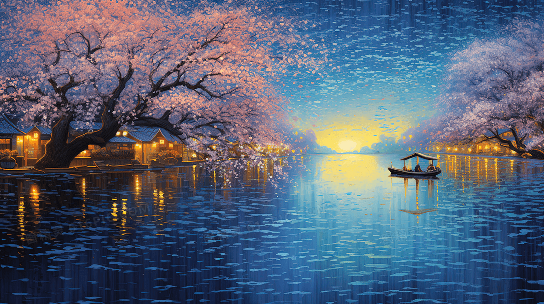 春季傍晚湖面美景插画