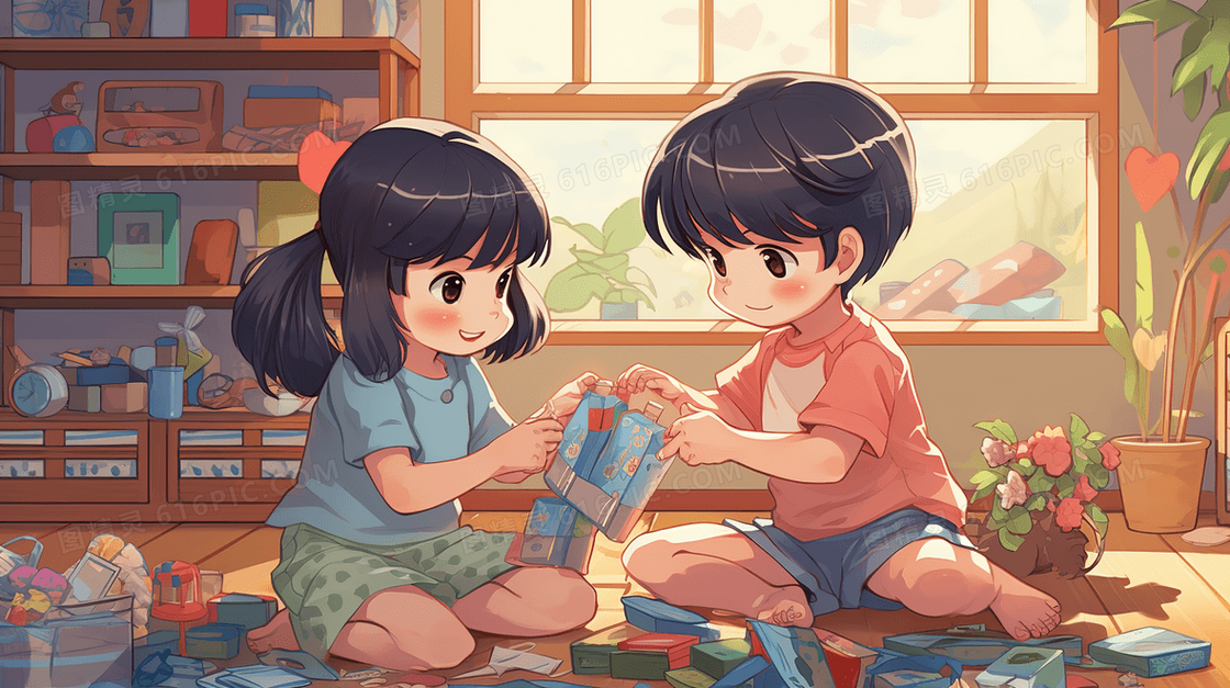两个小朋友在一起快乐的玩玩具插画