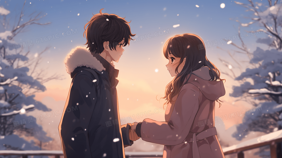 冬日下雪天里对视的情侣插画