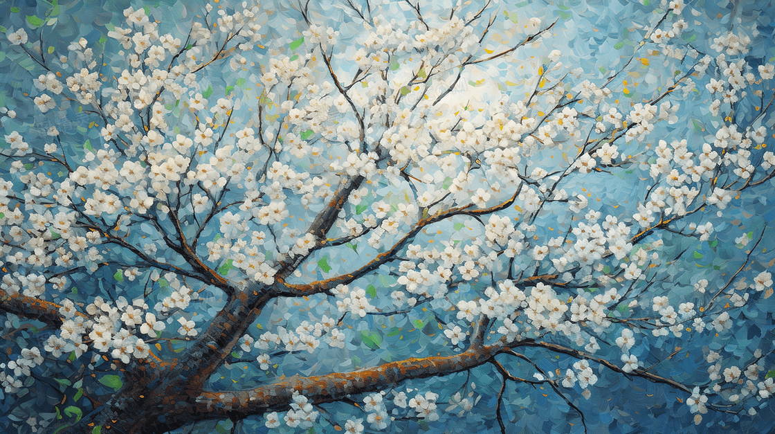 盛开的白色梨花树插画