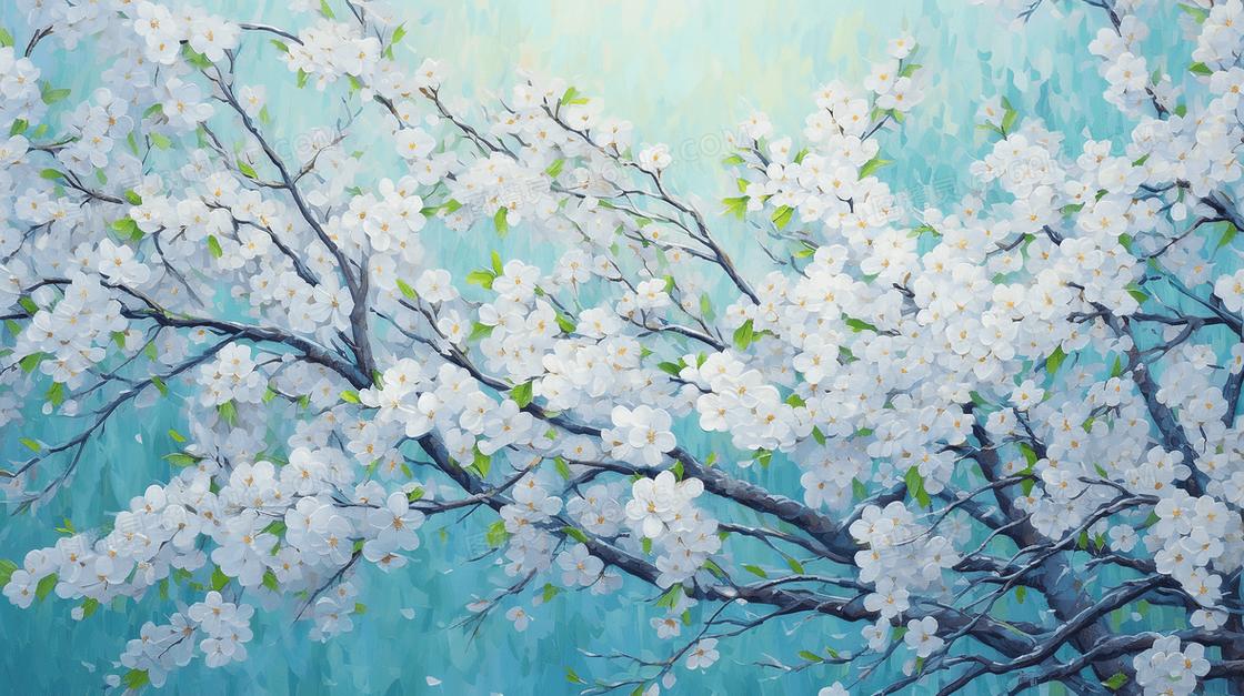 盛开的白色梨花树插画