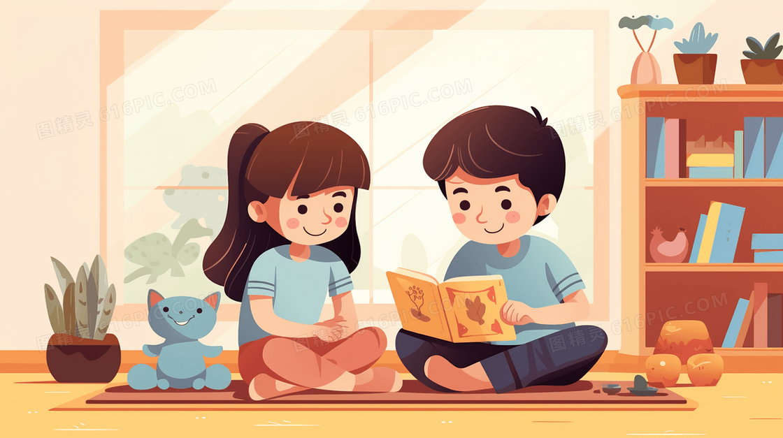 在书房看书的两个小孩插画