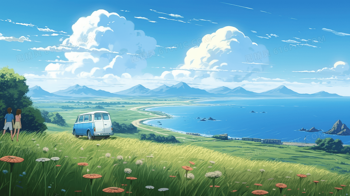 春天蓝天下海边草地上的小型巴士插画
