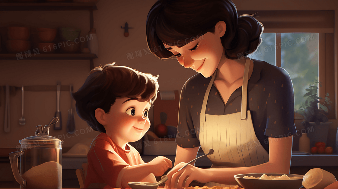 小男孩跟妈妈一起制作美食插画