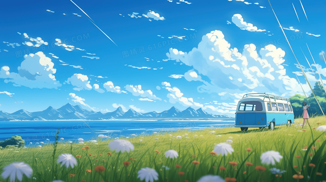 春天蓝天下海边草地上的小型巴士插画