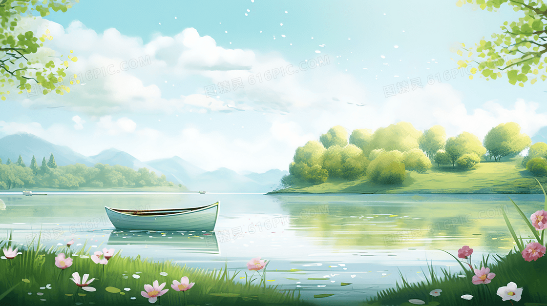 春天山林荷塘上的小船插画