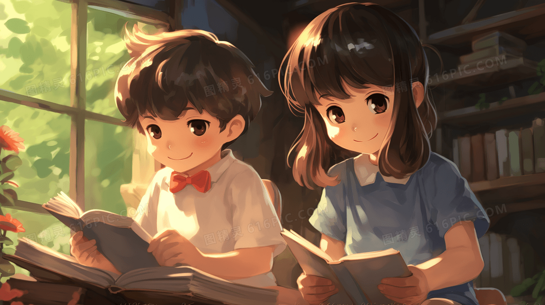 两个学生在书房看书学习插画