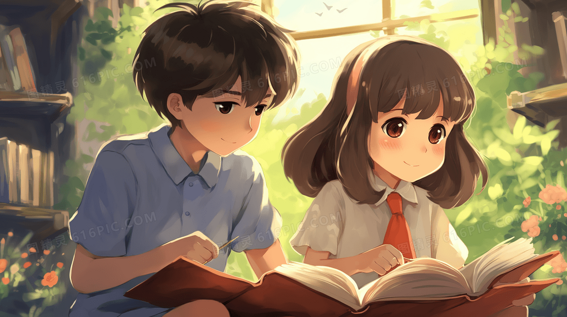 两个学生在书房看书学习插画