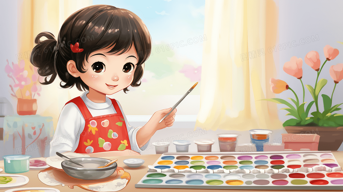 书房里练习水彩画的小孩插画