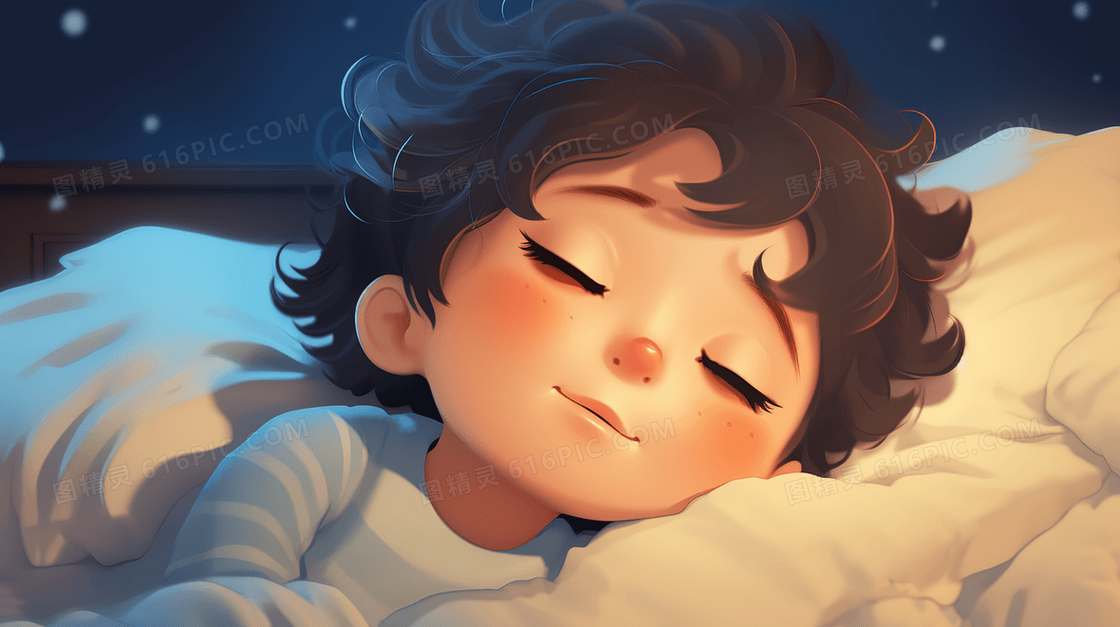 床上舒服睡觉的小男孩插画