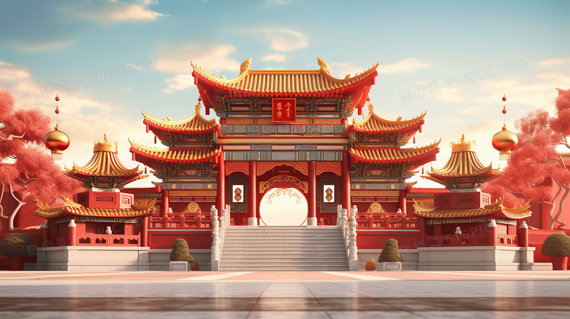 中国风C4D蓝天白云下的中式建筑城楼门外风景插画