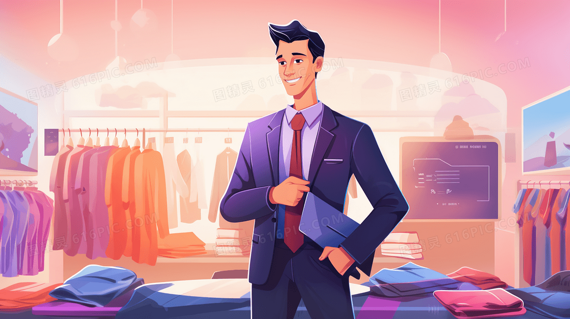 一个男性服装营销员插画