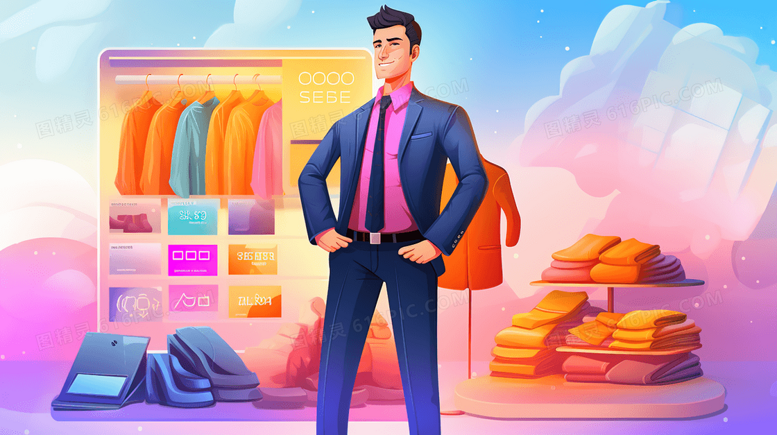 一个男性服装营销员插画