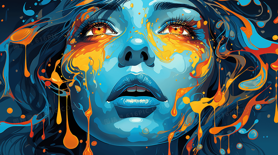 水彩手绘人物脸部抽象线条纹理油画插画
