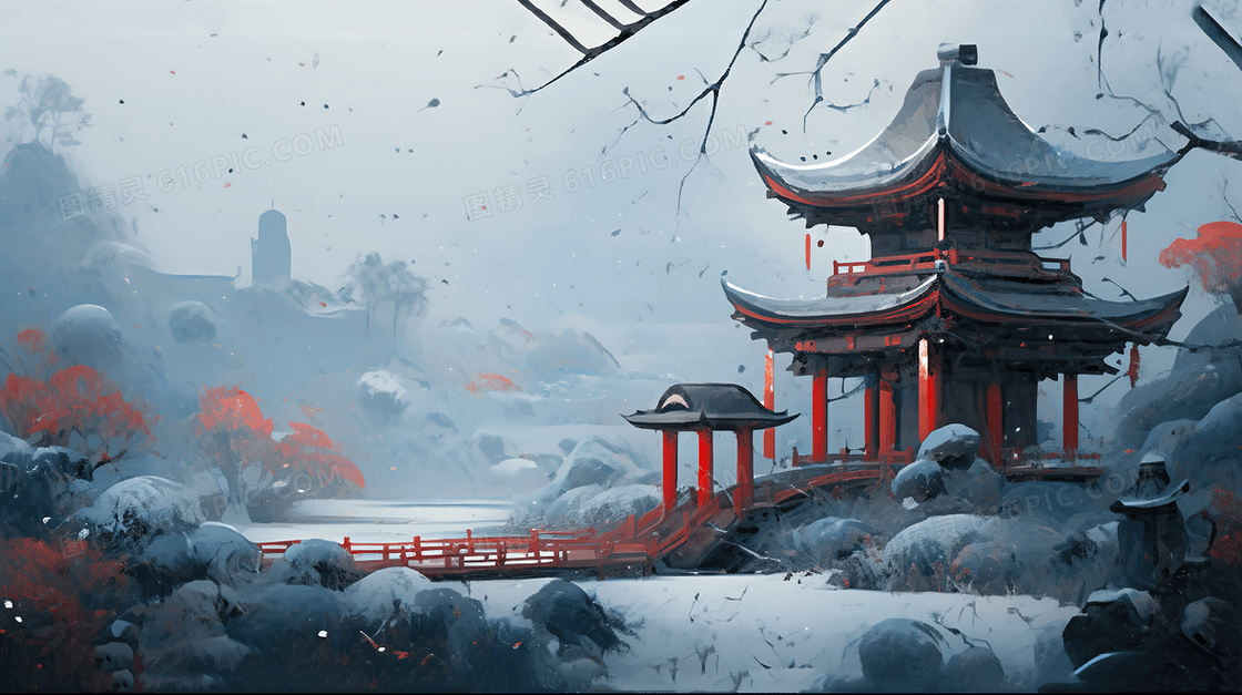 冬天里的庭院建筑风景插画