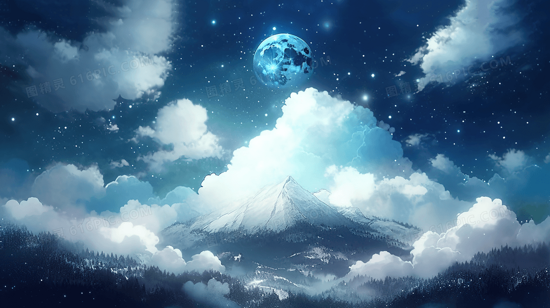 蓝色 夜晚天空风景插画