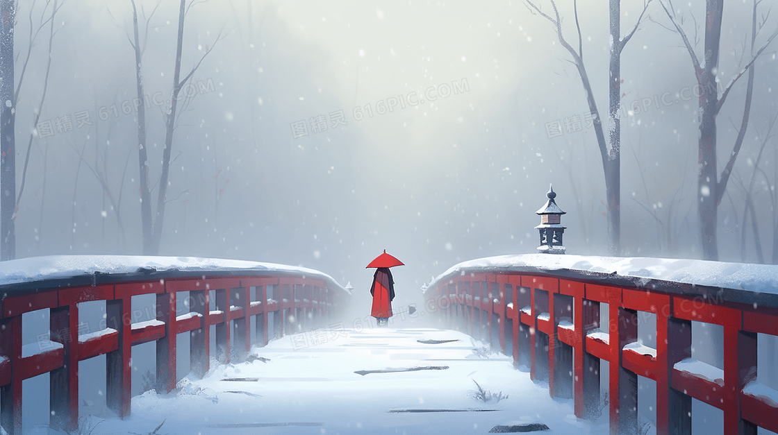 唯美冬天下雪站在木桥上的人物背影风景插画