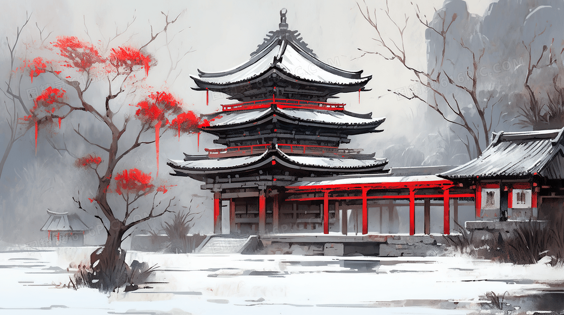 冬天里的庭院建筑风景插画
