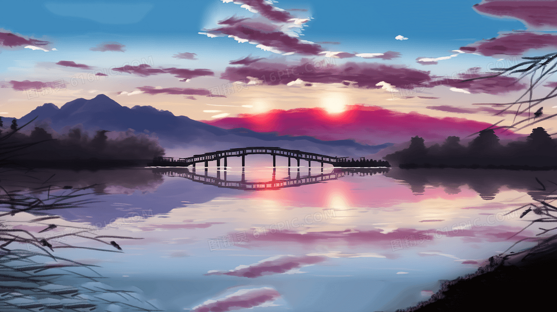 彩色水彩手绘唯美山水小桥景色插画