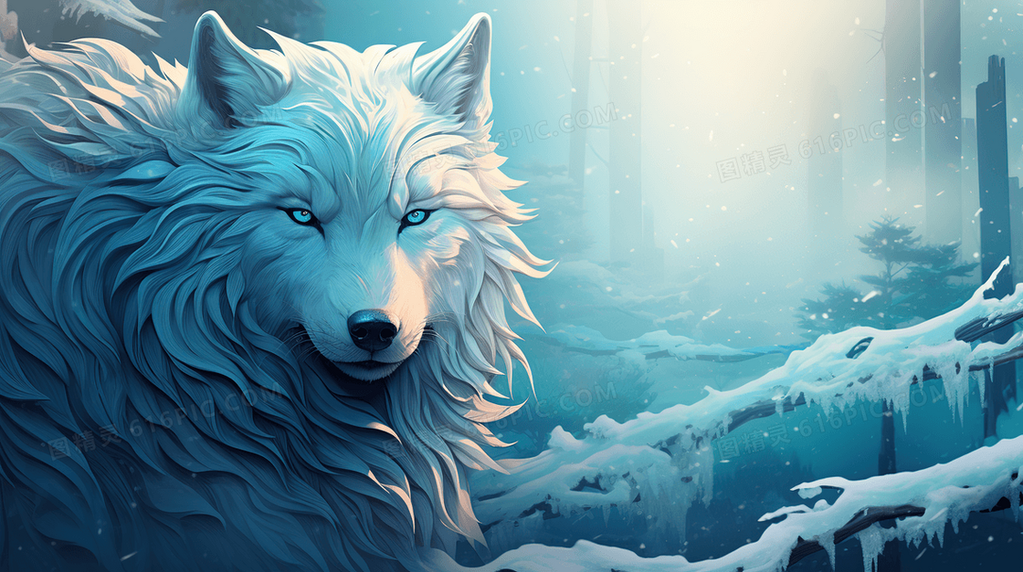 蓝色简约风冬季雪山上的狼插画