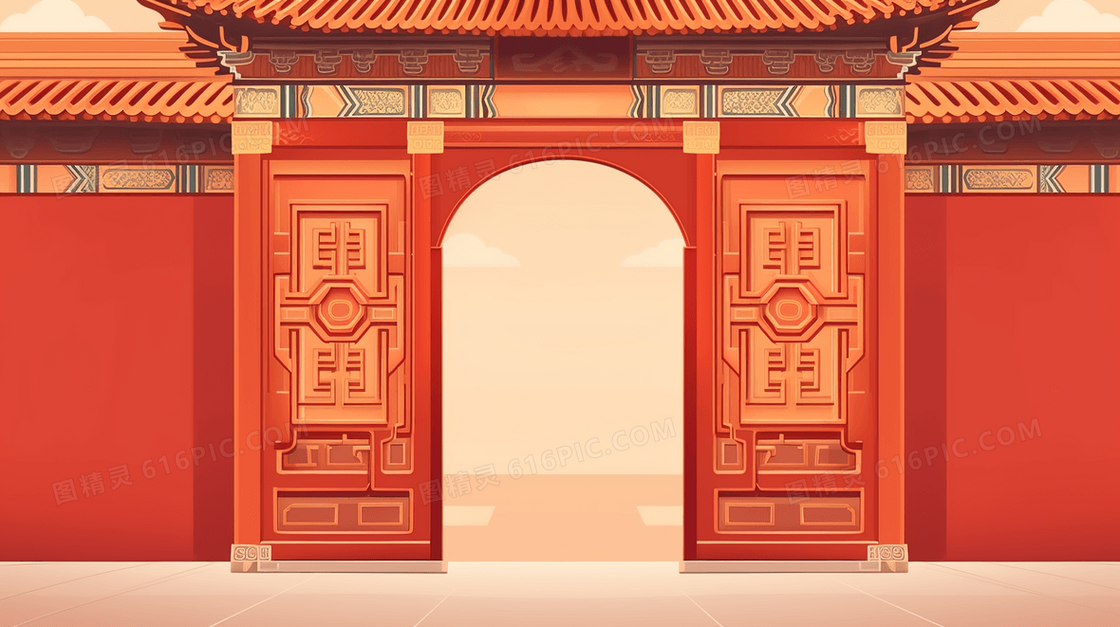 中国古代建筑红色大门插画