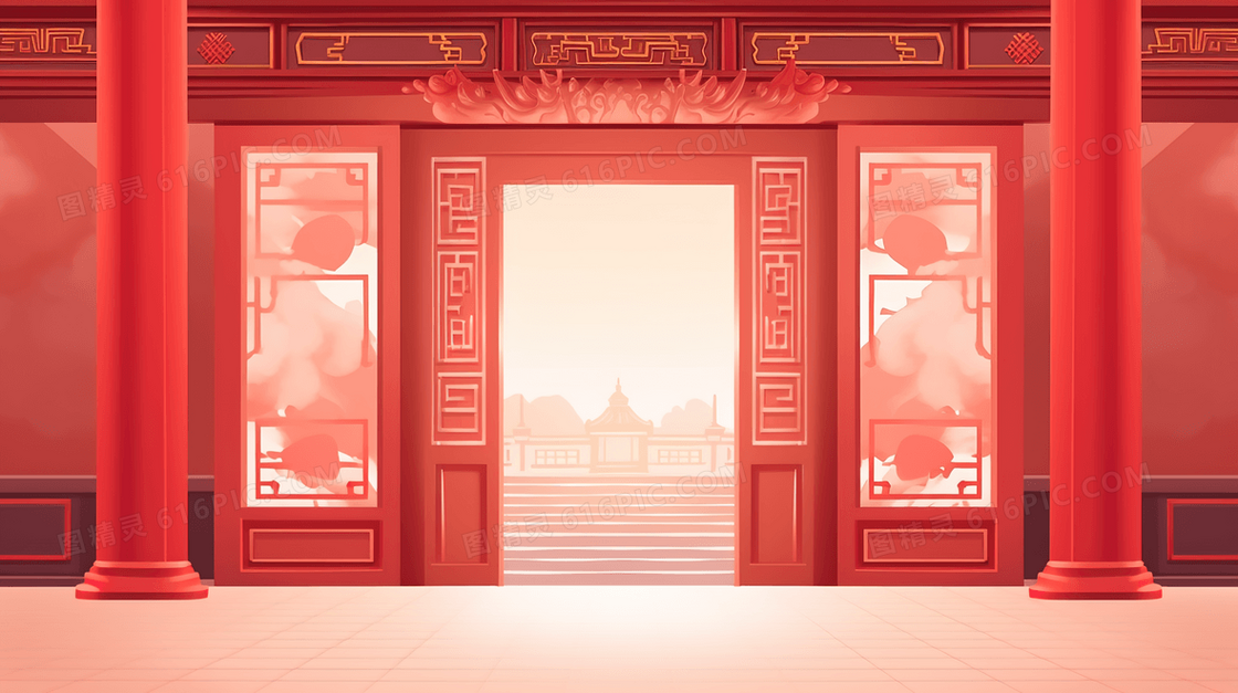 中国古代建筑红色大门插画