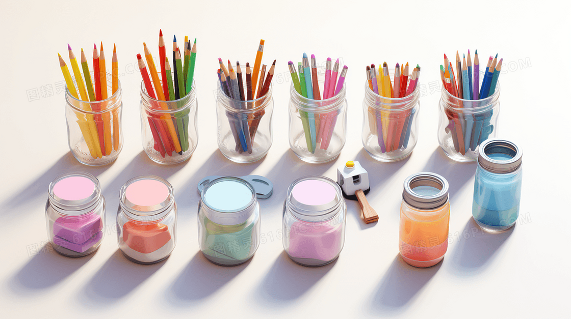 C4D桌面立体彩铅绘画颜料插画