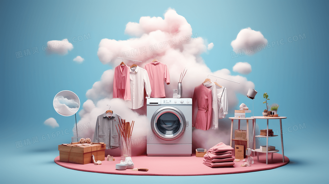 C4D洗衣机晾衣物创意广告插画