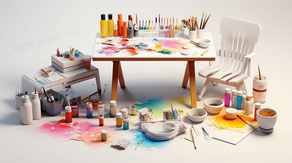 C4D桌面立体彩铅绘画颜料插画