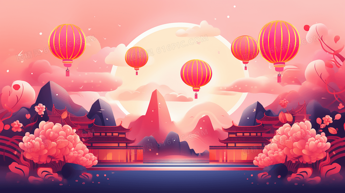 春节红灯笼装饰山水插画