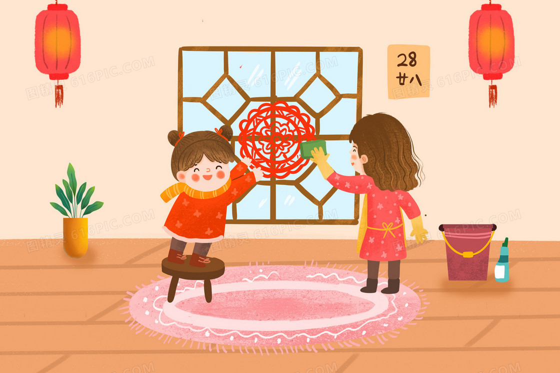 小年孩子一起贴窗花插画