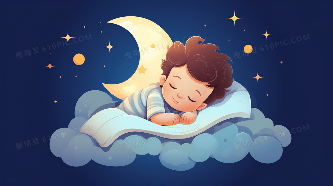 在云朵上睡觉的可爱男孩插画