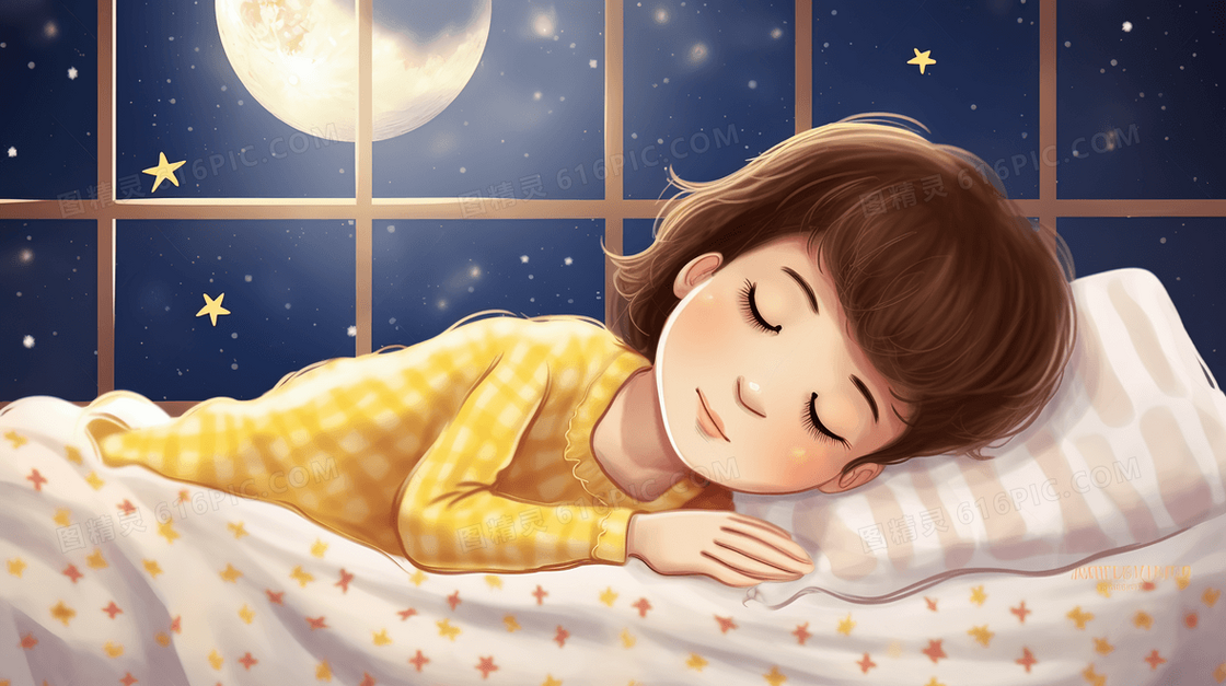 床上安稳睡觉的小女孩插画
