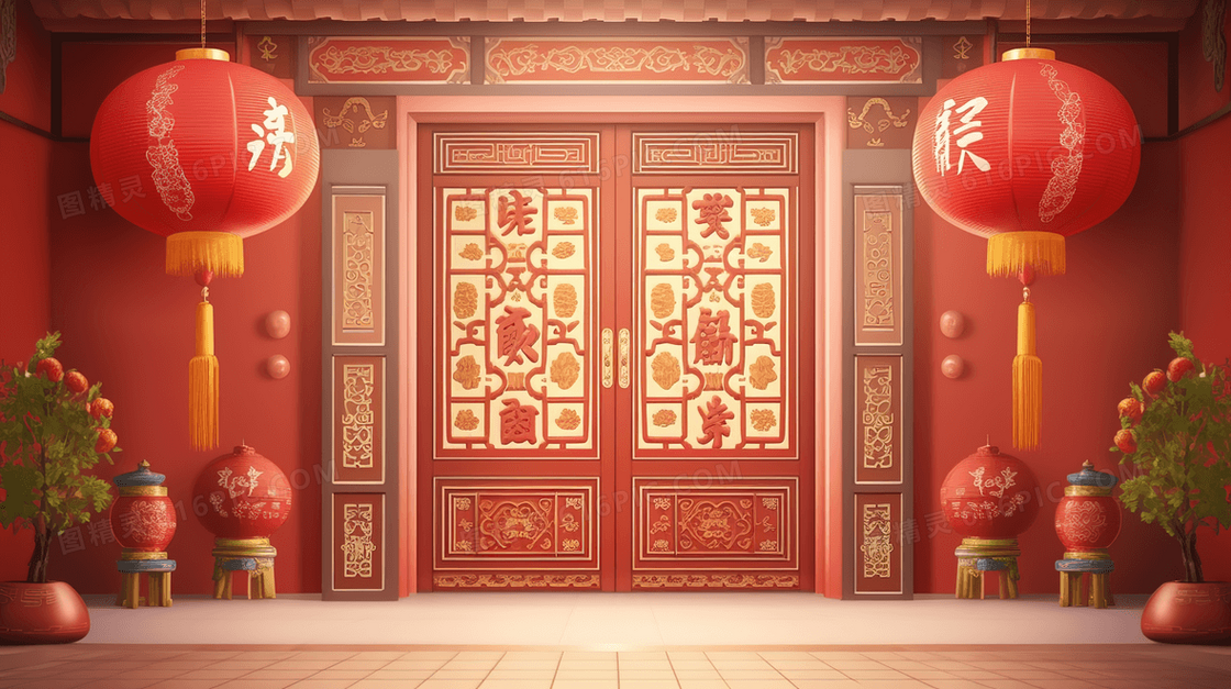 中国古代建筑古典红色大门插画