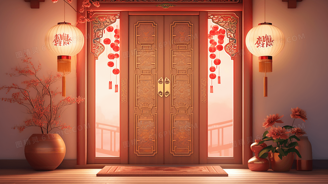 中国古代建筑古典红色大门插画