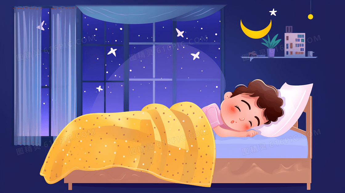 窗边床上舒服睡觉的小孩插画