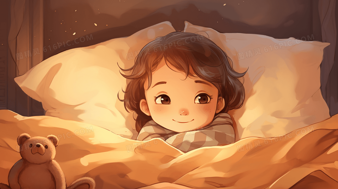 躺在床上准备睡觉的小女孩插画