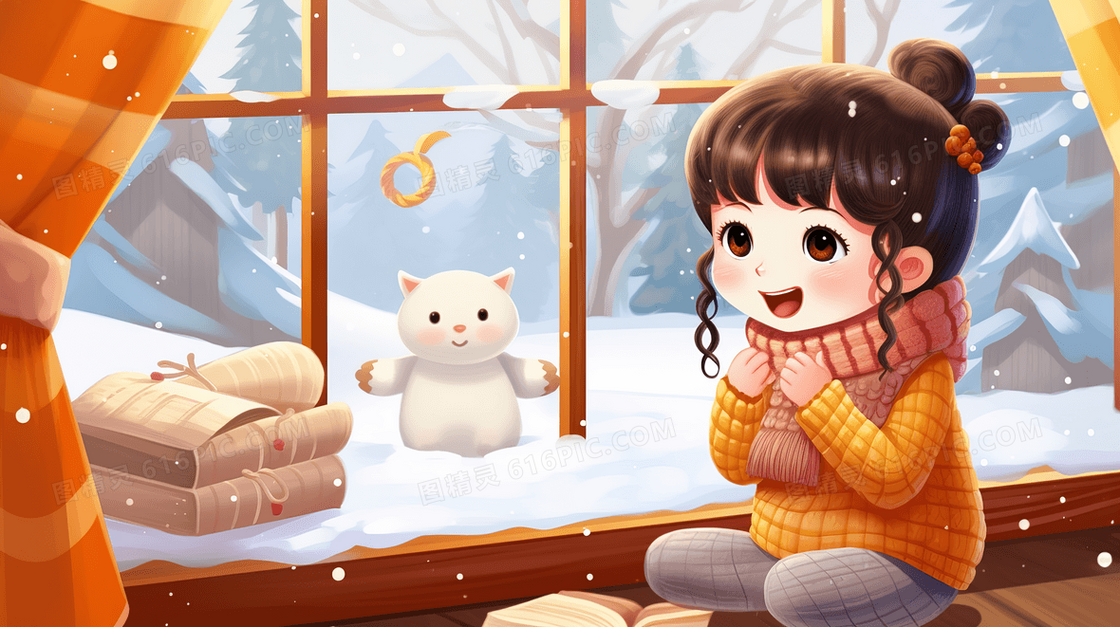 冬季窗户旁看雪的女孩插画