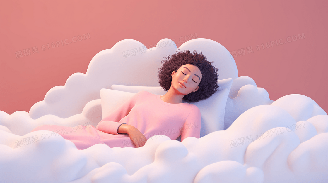 3D睡在白云上的女士插画