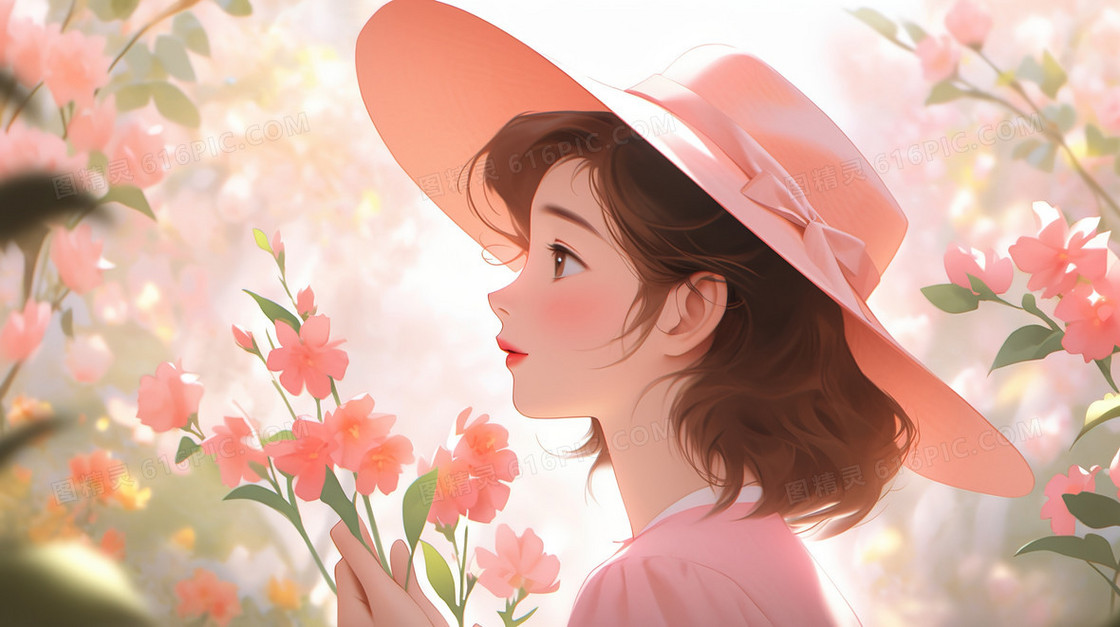 春季阳光下拿着鲜花的女孩插画