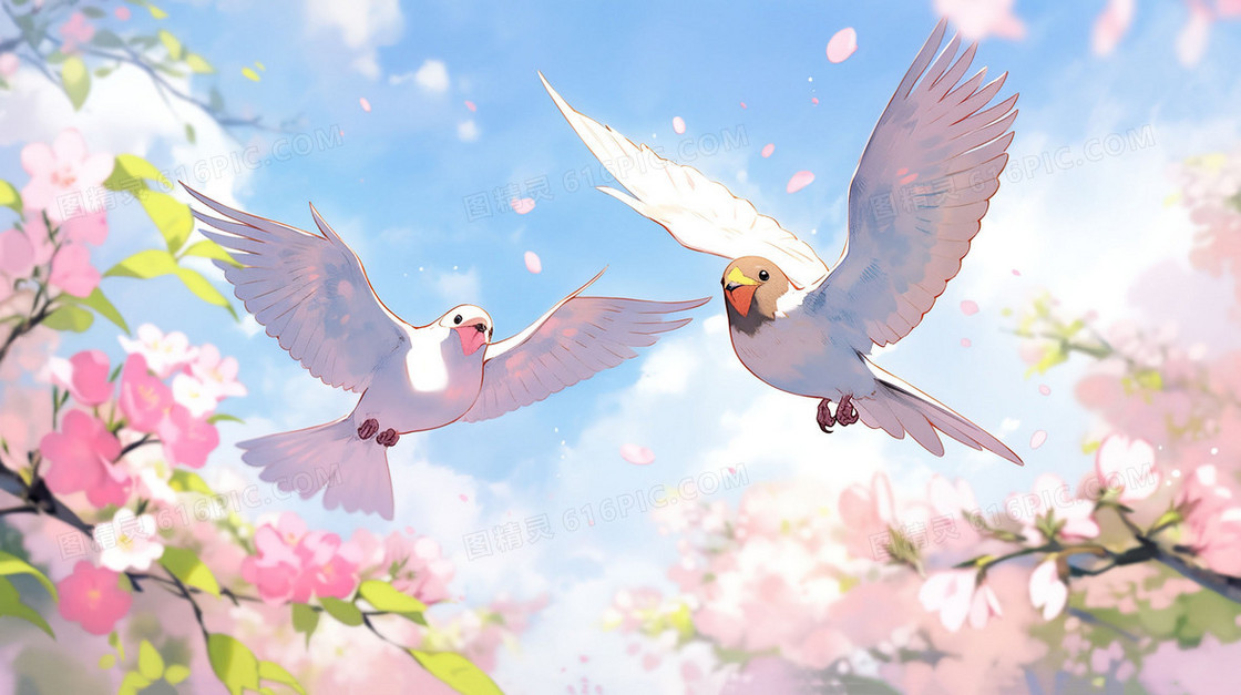 春天蓝天白云樱花树上的小鸟插画