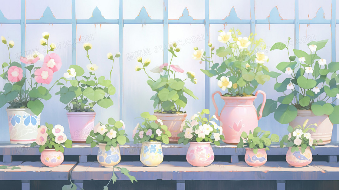 窗户上的鲜花盆栽插画