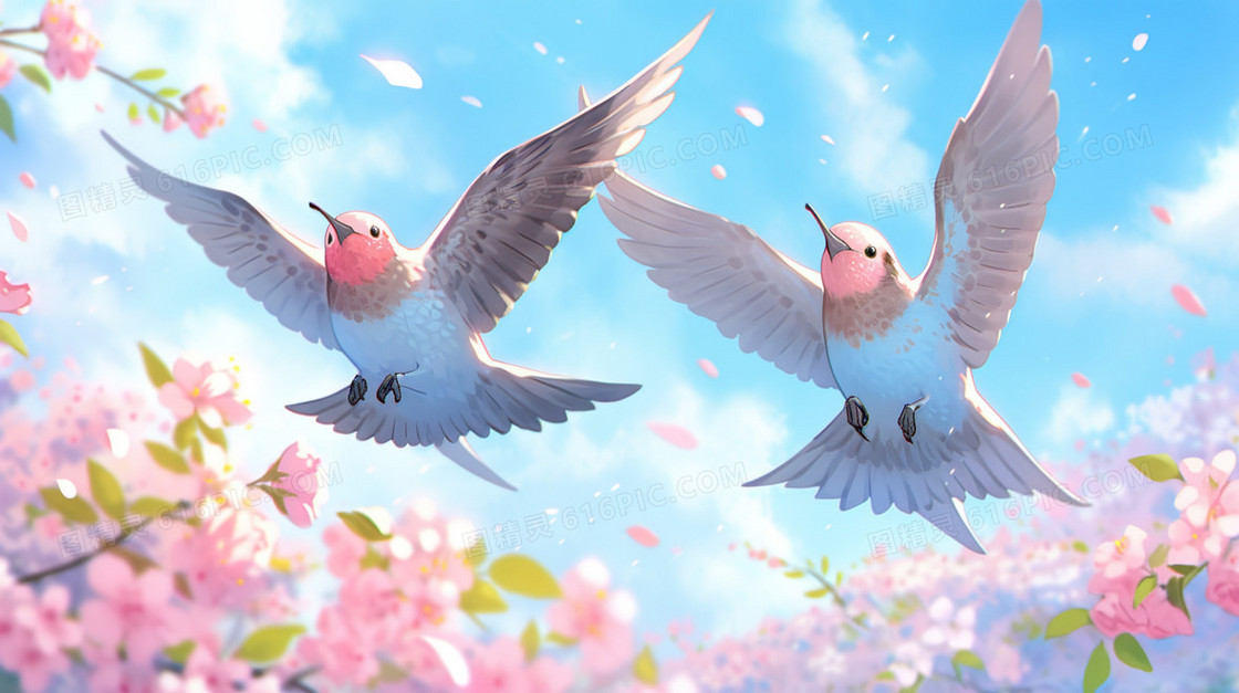 春天蓝天白云樱花树上的小鸟插画