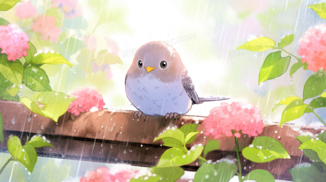 雨中花园中的小鸟插画
