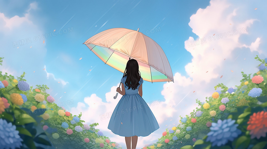 花海里撑着雨伞的少女背影插画