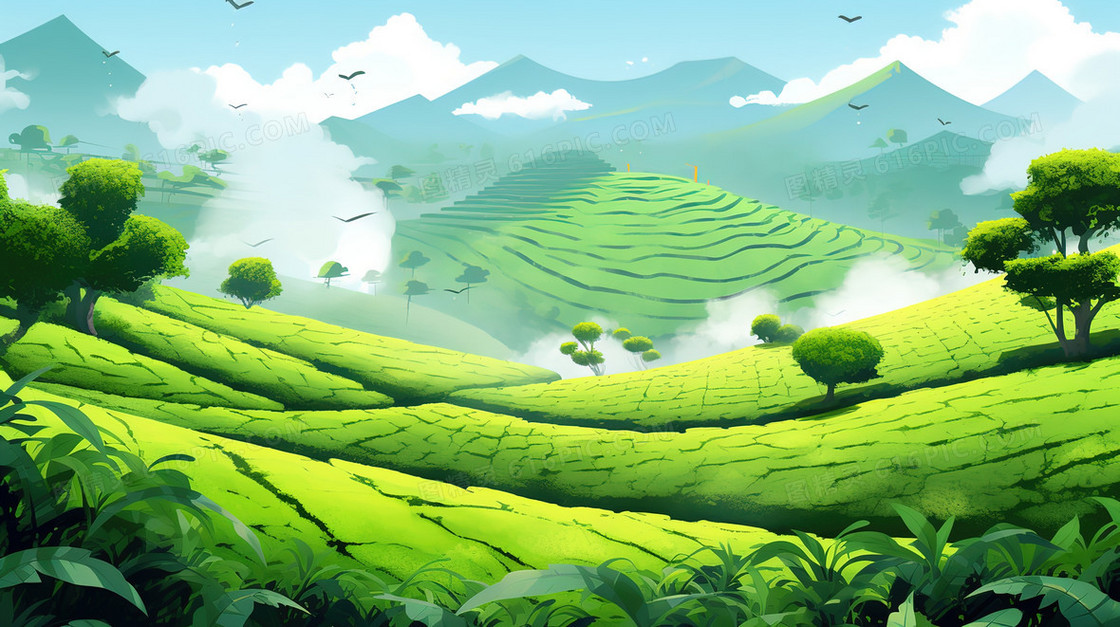 春季绿色山丘上的茶园插画