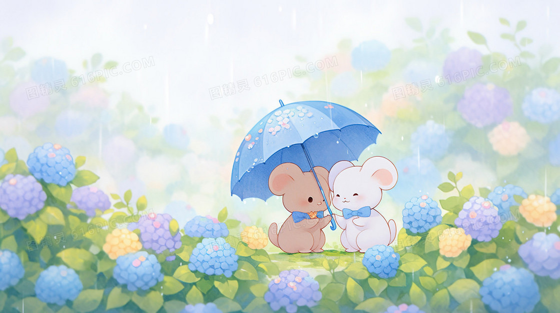 春天花丛中撑伞的可爱小动物插画