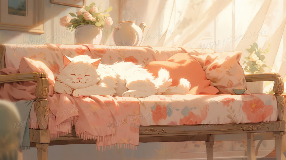 阳光照射着躺在沙发上的猫咪插画